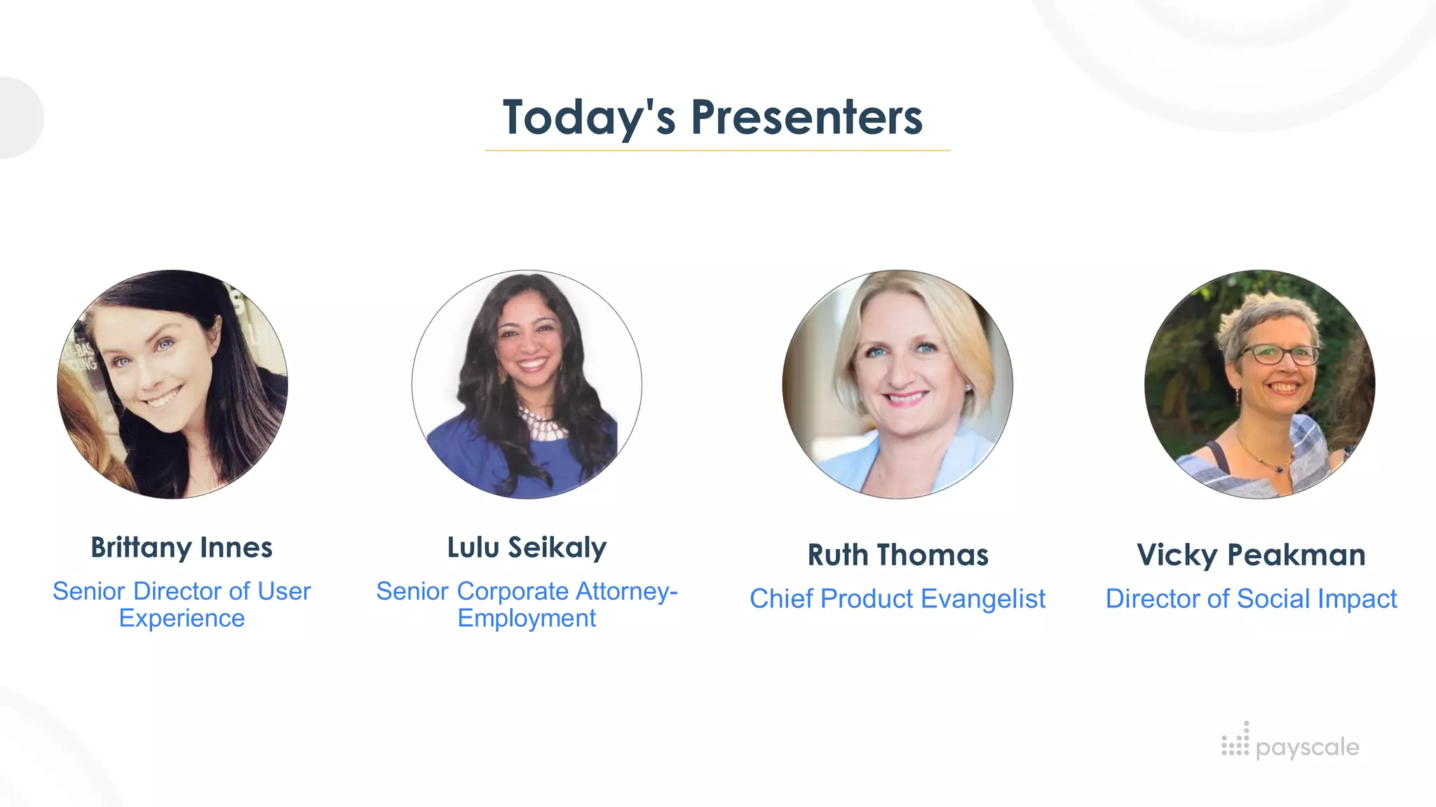 Today's Presenters
Brittany Innes
Senior Director of User
Experience
Lulu Seikaly
Senior Corporate Attorney-
Employment
Ruth Thomas
Chief Product Evangelist
Vicky Peakman
Director of Social Impact
 