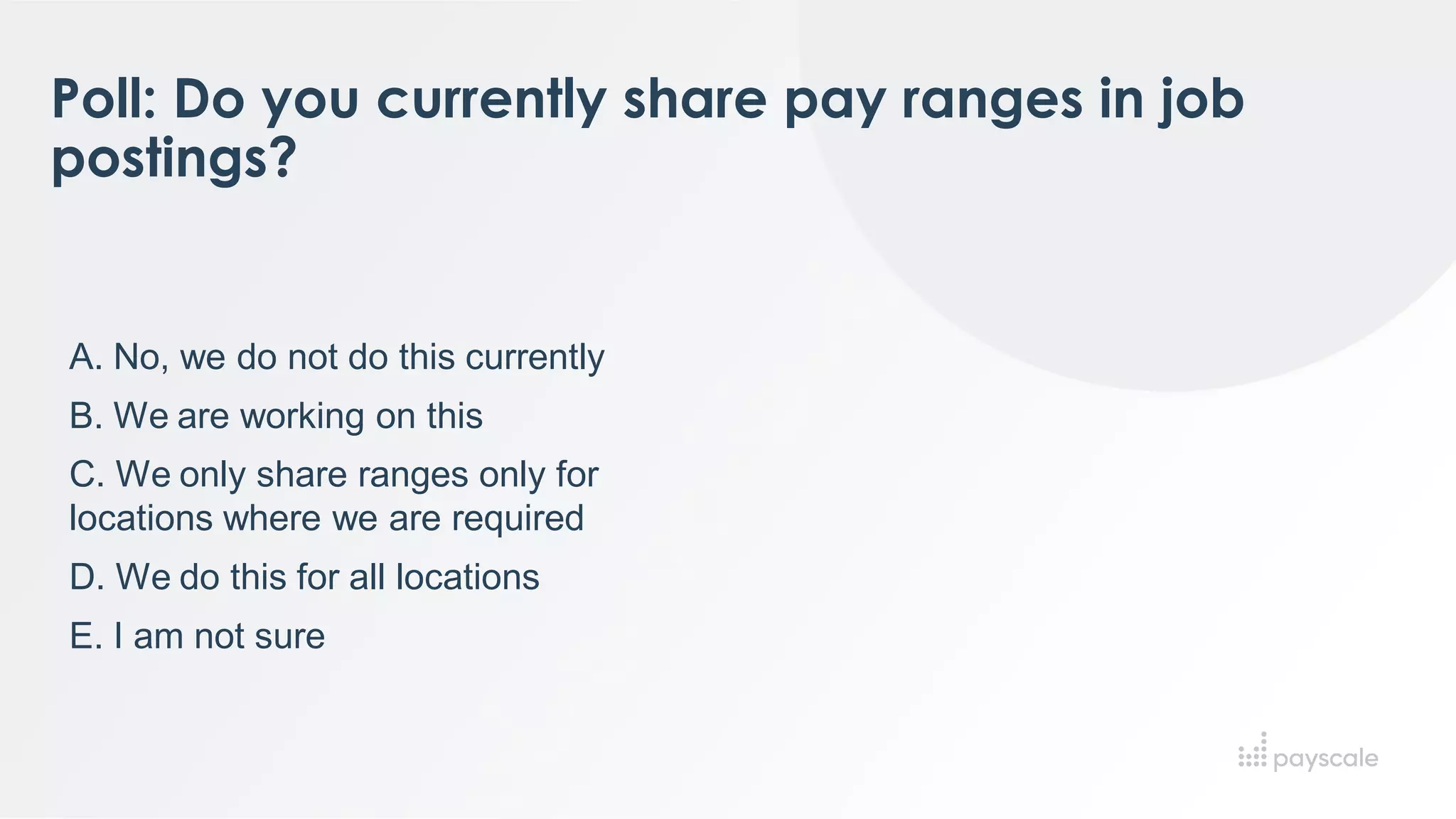 Poll: Do you currently share pay ranges in job
postings?
A. No, we do not do this currently
B. We are working on this
C. We only share ranges only for
locations where we are required
D. We do this for all locations
E. I am not sure
 