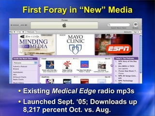 First Foray in “New” Media




• Existing Medical Edge radio mp3s
• Launched Sept. ‘05; Downloads up
 8,217 percent Oct. vs. Aug.
 