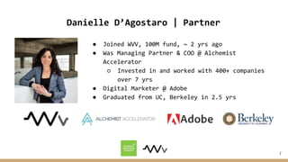 2
Danielle D’Agostaro | Partner
● Joined WVV, 100M fund, ~ 2 yrs ago
● Was Managing Partner & COO @ Alchemist
Accelerator
...