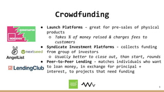 9
Crowdfunding
● Launch Platforms - great for pre-sales of physical
products
○ Takes % of money raised & charges fees to
c...