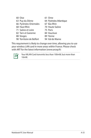 Notebook PC User Manual A-33
	 60 Oise			 61 Orne			
63 Puy du Dôme		 64 PyrénéesAtlantique		
66 Pyrénées Orientales	 67 Bas Rhin			
68 Haut Rhin		 70 Haute Saône			
71 Saône et Loire		 75 Paris				
82 Tarn et Garonne		 84 Vaucluse			
88 Vosges			 89 Yonne			
90 Territoire de Belfort	 94 Val de Marne	
This requirement is likely to change over time, allowing you to use
your wireless LAN card in more areas within France. Please check
with ART for the latest information (www.arcep.fr)
Your WLAN Card transmits less than 100mW, but more than
10mW.
 