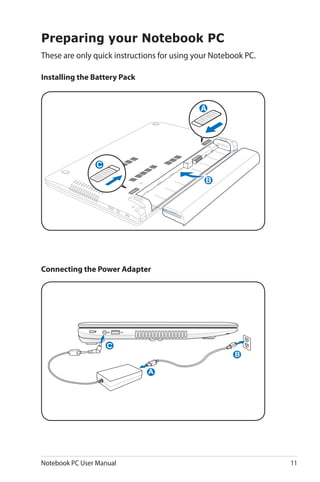 Notebook PC User Manual 11
Preparing your Notebook PC
These are only quick instructions for using your Notebook PC.
Installing the Battery Pack
Connecting the Power Adapter
C
B
C
A
B
A
C
B
 