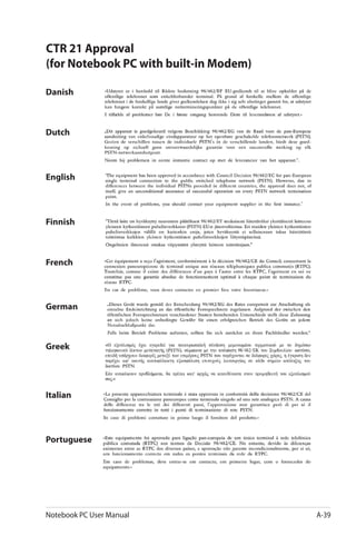 Notebook PC User Manual A-39
CTR 21 Approval
(for Notebook PC with built-in Modem)
Danish
Dutch
English
Finnish
French
German
Greek
Italian
Portuguese
 
