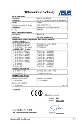 Notebook PC User Manual A-49
EC Declaration of Conformity
We, the undersigned,
Manufacturer: ASUSTek COMPUTER INC.
Address, City: No. 150, LI-TE RD., PEITOU, TAIPEI 112, TAIWAN R.O.C.
Country: TAIWAN
Authorized representative in Europe: ASUS COMPUTER GmbH
Address, City: HARKORT STR. 21-23, 40880 RATINGEN
Country: GERMANY
declare the following apparatus:
Product name : Notebook PC
Model name : X401A, F401A, R402A, S401A
conform with the essential requirements of the following directives:
2004/108/EC-EMC Directive
EN 55022:2006+A1:2007 Class B
EN 61000-3-2:2006+A2:2009
EN 55013:2001+A1:2003+A2:2006
EN 55024:1998+A1:2001+A2:2003
EN 61000-3-3:2008
EN 55020:2007
1999/5/EC-R &TTE Directive
EN 300 328 V1.7.1(2006-10)
EN 300 440-1 V1.4.1(2008-05)
EN 300 440-2 V1.2.1(2008-03)
EN 301 511 V9.0.2(2003-03)
EN 301 908-1 V3.2.1(2007-05)
EN 301 908-2 V3.2.1(2007-05)
EN 301 893 V1.4.1(2005-03)
EN 302 544-2 V1.1.1(2009-01)
EN 50360:2001
EN 50371:2002
EN 62311:2008
EN 301 489-1 V1.8.1(2008-04)
EN 301 489-3 V1.4.1(2002-08)
EN 301 489-4 V1.3.1(2002-08)
EN 301 489-7 V1.3.1(2005-11)
EN 301 489-9 V1.4.1(2007-11)
EN 301 489-17 V2.1.1(2009-05)
EN 301 489-24 V1.4.1(2007-09)
EN 302 326-2 V1.2.2(2007-06)
EN 302 326-3 V1.3.1(2007-09)
EN 301 357-2 V1.3.1(2006-05)
EN 302 623 V1.1.1(2009-01)
2006/95/EC-LVD Directive
EN 60950-1 / A11:2009
EN 60950-1 / A12:2011
EN 60065:2002+A1:2006+A11:2008
EN 60065:2002 / A12:2011
2009/125/EC-ErP Directive
Regulation (EC) No. 1275/2008
EN 62301:2005
Regulation (EC) No. 642/2009
EN 62301:2005
Regulation (EC) No. 278/2009
EN 62301:2005
Ver. 111121
CE marking
Declaration Date: Apr. 30, 2012
Year to begin affixing CE marking:2012
Position : CEO
Name : Jerry Shen
Signature : __________
(EC conformity marking)
 