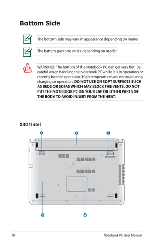 18 Notebook PC User Manual
X301Intel
13 2
45
Bottom Side
The bottom side may vary in appearance depending on model.
The battery pack size varies depending on model.
WARNING! The bottom of the Notebook PC can get very hot. Be
careful when handling the Notebook PC while it is in operation or
recently been in operation. High temperatures are normal during
charging or operation. DO NOT USE ON SOFT SURFACES SUCH
AS BEDS OR SOFAS WHICH MAY BLOCK THE VENTS. DO NOT
PUT THE NOTEBOOK PC ON YOUR LAP OR OTHER PARTS OF
THE BODY TO AVOID INJURY FROM THE HEAT.
 