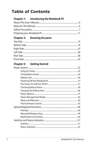 2 Notebook PC User Manual
Table of Contents
Chapter 1:	 Introducing the Notebook PC
About This User’s Manual................................................................................. 6
Notes for This Manual........................................................................................ 6
Safety Precautions.............................................................................................. 7
Preparing your Notebook PC........................................................................11
Chapter 2:	 Knowing the parts
Top Side................................................................................................................14
Bottom Side.........................................................................................................18
Right Side.............................................................................................................23
Left Side................................................................................................................26
Rear Side...............................................................................................................28
Front Side.............................................................................................................29
Chapter 3:	 Getting Started
Power System.....................................................................................................32
Using AC Power................................................................................................32
Using Battery Power.......................................................................................34
Battery Care.......................................................................................................36
Powering ON the Notebook PC..................................................................37
The Power-On Self Test (POST)...................................................................37
Checking Battery Power................................................................................39
Charging the Battery Pack............................................................................40
Power Options..................................................................................................41
Power Management Modes........................................................................43
Sleep and Hibernate.......................................................................................43
Thermal Power Control..................................................................................45
Special Keyboard Functions..........................................................................46
Hot Keys .............................................................................................................46
Microsoft Windows Keys...............................................................................49
Multimedia Control Keys..............................................................................50
Switches and Status Indicators....................................................................51
Switches	.............................................................................................................51
Status Indicators..............................................................................................52
 