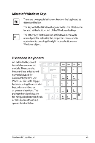 Notebook PC User Manual 49
Extended Keyboard
An extended keyboard
is available on selected
models. The extended
keyboard has a dedicated
numeric keypad for
easy number entry. Use
[Num Lk / Scr Lk] to toggle
between using the extended
keypad as numbers or
as pointer directions. The
pointer direction keys are
for navigation between fields
or cells such as those in a
spreadsheet or table.
Microsoft Windows Keys
There are two special Windows keys on the keyboard as
described below.
The key with the Windows Logo activates the Start menu
located at the bottom left of the Windows desktop.
The other key, that looks like a Windows menu with
a small pointer, activates the properties menu and is
equivalent to pressing the right mouse button on a
Windows object.
 