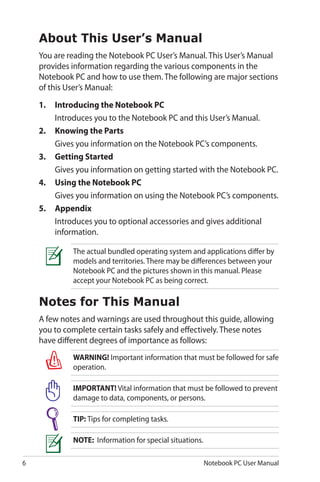 6 Notebook PC User Manual
About This User’s Manual
You are reading the Notebook PC User’s Manual. This User’s Manual
provides information regarding the various components in the
Notebook PC and how to use them. The following are major sections
of this User’s Manual:
1.	 Introducing the Notebook PC
	 Introduces you to the Notebook PC and this User’s Manual.
2.	 Knowing the Parts
	 Gives you information on the Notebook PC’s components.
3.	 Getting Started
	 Gives you information on getting started with the Notebook PC.
4.	 Using the Notebook PC
	 Gives you information on using the Notebook PC’s components.
5.	 Appendix
	 Introduces you to optional accessories and gives additional
information.
The actual bundled operating system and applications differ by
models and territories. There may be differences between your
Notebook PC and the pictures shown in this manual. Please
accept your Notebook PC as being correct.
Notes for This Manual
A few notes and warnings are used throughout this guide, allowing
you to complete certain tasks safely and effectively. These notes
have different degrees of importance as follows:
WARNING! Important information that must be followed for safe
operation.
IMPORTANT! Vital information that must be followed to prevent
damage to data, components, or persons.
TIP: Tips for completing tasks.
NOTE: Information for special situations.
 