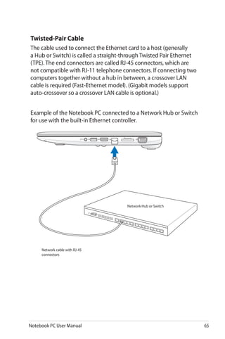 Notebook PC User Manual 65
Twisted-Pair Cable
The cable used to connect the Ethernet card to a host (generally
a Hub or Switch) is called a straight-through Twisted Pair Ethernet
(TPE). The end connectors are called RJ-45 connectors, which are
not compatible with RJ-11 telephone connectors. If connecting two
computers together without a hub in between, a crossover LAN
cable is required (Fast-Ethernet model). (Gigabit models support
auto-crossover so a crossover LAN cable is optional.)
Example of the Notebook PC connected to a Network Hub or Switch
for use with the built-in Ethernet controller.
Network cable with RJ-45
connectors
Network Hub or Switch
 