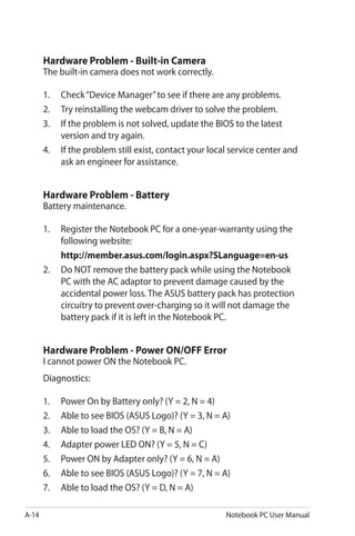 A-14 Notebook PC User Manual
Hardware Problem - Built-in Camera
The built-in camera does not work correctly.
1.	 Check“Device Manager”to see if there are any problems.
2.	 Try reinstalling the webcam driver to solve the problem.
3.	 If the problem is not solved, update the BIOS to the latest
version and try again.
4.	 If the problem still exist, contact your local service center and
ask an engineer for assistance.
Hardware Problem - Battery
Battery maintenance.
1. 	 Register the Notebook PC for a one-year-warranty using the
following website:
	 http://member.asus.com/login.aspx?SLanguage=en-us
2. 	 Do NOT remove the battery pack while using the Notebook
PC with the AC adaptor to prevent damage caused by the
accidental power loss. The ASUS battery pack has protection
circuitry to prevent over-charging so it will not damage the
battery pack if it is left in the Notebook PC.
Hardware Problem - Power ON/OFF Error
I cannot power ON the Notebook PC.
Diagnostics:
1. 	 Power On by Battery only? (Y = 2, N = 4)
2. 	 Able to see BIOS (ASUS Logo)? (Y = 3, N = A)
3. 	 Able to load the OS? (Y = B, N = A)
4. 	 Adapter power LED ON? (Y = 5, N = C)
5. 	 Power ON by Adapter only? (Y = 6, N = A)
6. 	 Able to see BIOS (ASUS Logo)? (Y = 7, N = A)
7. 	 Able to load the OS? (Y = D, N = A)
 