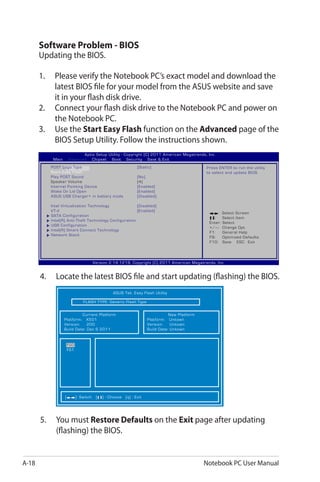 A-18 Notebook PC User Manual
Software Problem - BIOS
Updating the BIOS.
1.	 Please verify the Notebook PC’s exact model and download the
latest BIOS file for your model from the ASUS website and save
it in your flash disk drive.
2.	 Connect your flash disk drive to the Notebook PC and power on
the Notebook PC.
3.	 Use the Start Easy Flash function on the Advanced page of the
BIOS Setup Utility. Follow the instructions shown.
4.	 Locate the latest BIOS file and start updating (flashing) the BIOS.
ASUS Tek. Easy Flash Utility
[ ]: Switch [ ] : Choose [q] : Exit
FLASH TYPE: Generic Flash Type
Current Platform
Platform: X501
Version: 200
Build Date: Dec 6 2011
New Platform
Platform: Unkown
Version: Unkown
Build Date: Unkown
5.	 You must Restore Defaults on the Exit page after updating
(flashing) the BIOS.
: Select Screen
:	 Select Item
Enter: Select
+/—:	 Change Opt.
F1:	 General Help
F9:	 Optimized Defaults
F10:	 Save ESC: Exit
Version 2.14.1219. Copyright (C) 2011 American Megatrends, Inc.
Aptio Setup Utility - Copyright (C) 2011 American Megatrends, Inc.
Main Advanced Chipset Boot Security Save & Exit
POST Logo Type	 [Static]
Start Easy Flash
Play POST Sound	 [No]
Speaker Volume	 [4]
Internal Pointing Device	 [Enabled]
Wake On Lid Open	 [Enabled]
ASUS USB Charger+ in battery mode	 [Disabled]
Intel Virtualization Technology	 [Disabled]
VT-d	 [Enabled]
SATA Configuration
Intel(R) Anti-Theft Technology Configuration
USB Configuration
Intel(R) Smart Connect Technology
Network Stack
Press ENTER to run the utility
to select and update BIOS.
FS0
FS1
 