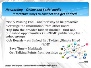 Networking – Online and Social media
    Interactive ways to connect and get noticed

•Not A Passing Fad – another way to be proactive
•Leverage the Information from other users 
•Tap into the broader hidden market – find non
published opportunities i.e.-RUMC publishes jobs in
yahoo groups 
•Job Boards – on Linked In , Twitter ,Simply Hired
                         •WHY
   Save Time – Multitask
   Get Talking Points from postings


                                                      9
Career Ministry at Dunwoody United Methodist Church
 