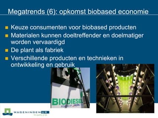 Megatrends (6): opkomst biobased economieKeuze consumenten voor biobased producten  Materialen kunnen doeltreffender en doelmatiger worden vervaardigd De plant als fabriekVerschillende producten en technieken in ontwikkeling en gebruik