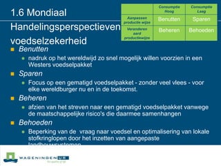 1.6 MondiaalHandelingsperspectieven; voedselzekerheidBenuttennadruk op het wereldwijd zo snel mogelijk willen voorzien in een Westers voedselpakketSparenFocus op een gematigd voedselpakket - zonder veel vlees - voor elke wereldburger nu en in de toekomst.Beherenafzien van het streven naar een gematigd voedselpakket vanwege de maatschappelijke risico's die daarmee samenhangenBehoedenBeperking van de  vraag naar voedsel en optimalisering van lokale stofkringlopen door het inzetten van aangepaste landbouwsystemen.