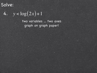 Solve:
 4.   y < log ( 2x ) + 1
           two variables ... two axes
            graph on graph paper!
 