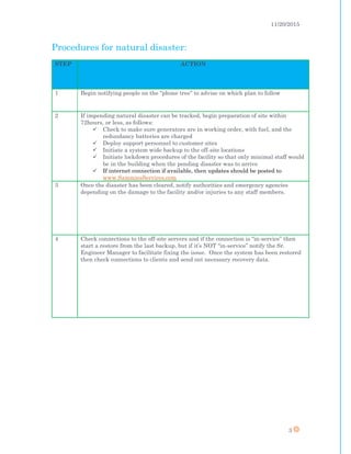 11/20/2015
3
Procedures for natural disaster:
STEP ACTION
1 Begin notifying people on the “phone tree” to advise on which plan to follow
2 If impending natural disaster can be tracked, begin preparation of site within
72hours, or less, as follows:
 Check to make sure generators are in working order, with fuel, and the
redundancy batteries are charged
 Deploy support personnel to customer sites
 Initiate a system wide backup to the off-site locations
 Initiate lockdown procedures of the facility so that only minimal staff would
be in the building when the pending disaster was to arrive
 If internet connection if available, then updates should be posted to
www.SammiesServices.com
3 Once the disaster has been cleared, notify authorities and emergency agencies
depending on the damage to the facility and/or injuries to any staff members.
4 Check connections to the off-site servers and if the connection is “in-service” then
start a restore from the last backup, but if it’s NOT “in-service” notify the Sr.
Engineer Manager to facilitate fixing the issue. Once the system has been restored
then check connections to clients and send out necessary recovery data.
 