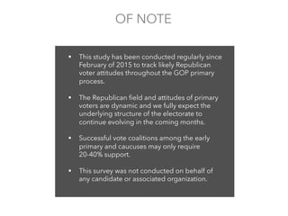 OF NOTE
§  This study has been conducted regularly since
February of 2015 to track likely Republican
voter attitudes throughout the GOP primary
process.
§  The Republican ﬁeld and attitudes of primary
voters are dynamic and we fully expect the
underlying structure of the electorate to
continue evolving in the coming months.
§  Successful vote coalitions among the early
primary and caucuses may only require
20-40% support.
§  This survey was not conducted on behalf of
any candidate or associated organization.
 