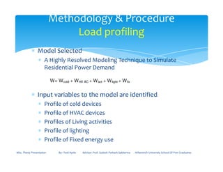 ∗ Model Selected
∗ A Highly Resolved Modeling Technique to Simulate
Residential Power Demand
Methodology & Procedure
Load profiling
∗ Input variables to the model are identified
∗ Profile of cold devices
∗ Profile of HVAC devices
∗ Profiles of Living activities
∗ Profile of lighting
∗ Profile of Fixed energy use
MSc. Thesis Presentation By:- Fasil Ayele Advisor: Prof. Sudesh Parkash Sabberwa Arbaminch University School Of Post Graduates
 
