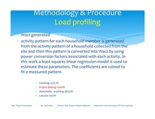 ∗ Wact generated
∗ activity pattern for each household member is generated
from the activity pattern of a household collected from the
site and then this pattern is converted into Wact by using
power conversion factors associated with each activity. In
this work a least-squares linear regression model is used to
Methodology & Procedure
Load profiling
this work a least-squares linear regression model is used to
estimate these parameters. The coefficients are coined to
fit a measured pattern
∗ Cooking-1225 W
∗ Enjera Baking-1200W
∗ Automatic washing-3825W
∗ Leisure-200W
MSc. Thesis Presentation By:- Fasil Ayele Advisor: Prof. Sudesh Parkash Sabberwa Arbaminch University School Of Post Graduates
 