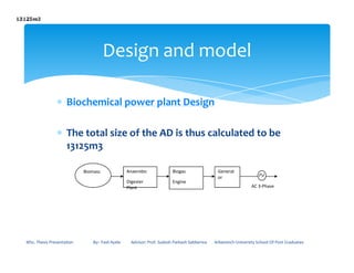 ∗ Biochemical power plant Design
∗ The total size of the AD is thus calculated to be
Design and model
∗ The total size of the AD is thus calculated to be
13125m3
MSc. Thesis Presentation By:- Fasil Ayele Advisor: Prof. Sudesh Parkash Sabberwa Arbaminch University School Of Post Graduates
Biomass Anaerobic
Digester
Plant
Biogas
Engine
Generat
or
AC 3-Phase
 