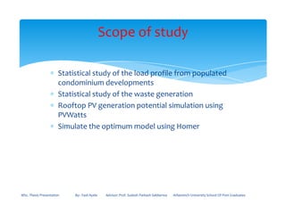 ∗ Statistical study of the load profile from populated
condominium developments
∗ Statistical study of the waste generation
∗ Rooftop PV generation potential simulation using
PVWatts
Scope of study
PVWatts
∗ Simulate the optimum model using Homer
MSc. Thesis Presentation By:- Fasil Ayele Advisor: Prof. Sudesh Parkash Sabberwa Arbaminch University School Of Post Graduates
 