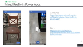 67
67
📣 PublicPreview
Mixed Reality in Power Apps
https://powerapps.microsoft.com/en-
us/blog/introducing-mixed-reality-in-
power-apps/
https://docs.microsoft.com/ja-
jp/powerapps/maker/canvas-apps/mixed-
reality-overview
 