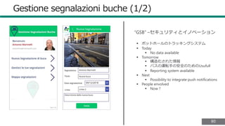 8080
Gestione segnalazioni buche (1/2)
“GSB” –セキュリティとイノベーション
▪ ポットホールのトラッキングシステム
▪ Today
▪ No data available
▪ Tomorrow
▪ 構造化された情報
▪ バスの運転手の安全のためのUsufull
▪ Reporting system available
▪ Next
▪ Possibility to integrate push notifications
▪ People envolved
▪ Now ?
 