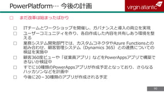 9090
PowerPlatform… 今後の計画
▢ まだ改革は始まったばかり
▢ ITチームとワークショップを開催し、ガバナンスと導入の両立を実現
▢ ユーザーコミュニティを作り、各自作成した内容を共有しあう環境を整
える
▢ 業務システム開発部門では、カスタムコネクタやAzure Functionsとの
組み合わせ、顧客管理システム（Dynamics 365）との連携についての
検証を実施中
▢ 顧客360度ビューや「従業員アプリ」などをPowerAppsアプリで構築で
きないか検証中
▢ すでに10種類のPowerAppsアプリが作成予定となっており、さらなる
ハッカソンなどを計画中
▢ 今後に20－30種類のアプリが作成される予定
 