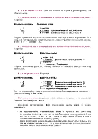 1. А и В положительные. Здесь нет отличий от случая 1, рассмотренного для
обратного кода.
2. А положительное, B отрицательное и по абсолютной величине больше, чем А.
Например:
Получен правильный результат в дополнительном коде. При переводе в прямой код биты
цифровой части результата инвертируются и к младшему разряду прибавляется единица:
1 0000110 + 1 = 1 0000111 = -710.
3. А положительное, B отрицательное и по абсолютной величине меньше, чем А.
Например:
Получен правильный результат. Единицу переноса из знакового разряда компьютер
отбрасывает.
4. А и В отрицательные. Например:
Получен правильный результат в дополнительном коде. Единицу переноса из знакового
разряда компьютер отбрасывает.
Случаи переполнения для дополнительных кодов рассматриваются по аналогии со
случаями 5 и 6 для обратных кодов.
Сравнение рассмотренных форм кодирования целых чисел со знаком
показывает:
• на преобразование отрицательного числа в обратный код компьютер
затрачивает меньше времени, чем на преобразование в дополнительный код,
так как последнее состоит из двух шагов — образования обратного кода и
прибавления единицы к его младшему разряду;
• время выполнения сложения для дополнительных кодов чисел меньше, чем
для их обратных кодов, потому что в таком сложении нет переноса единицы из
знакового разряда в младший разряд результата.
 