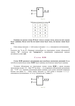 Рис. 5.1
Таблица истинности схемы И
x y x .
y
0 0 0
0 1 0
1 0 0
1 1 1
Единица на выходе схемы И будет тогда и только тогда, когда на всех входах
будут единицы. Когда хотя бы на одном входе будет ноль, на выходе также будет
ноль.
Связь между выходом z этой схемы и входами x и y описывается соотношением:
z = x .
y
(читается как "x и y"). Операция конъюнкции на структурных схемах обозначается
знаком "&" (читается как "амперсэнд"), являющимся сокращенной записью
английского слова and.
С х е м а ИЛИ
Схема ИЛИ реализует дизъюнкцию двух или более логических значений. Когда
хотя бы на одном входе схемы ИЛИ будет единица, на её выходе также будет единица.
Условное обозначение на структурных схемах схемы ИЛИ с двумя входами
представлено на рис. 5.2. Знак "1" на схеме — от устаревшего обозначения дизъюнкции
как ">=1" (т.е. значение дизъюнкции равно единице, если сумма значений операндов
больше или равна 1). Связь между выходом z этой схемы и входами x и y
описывается соотношением: z = x v y (читается как "x или y").
Рис. 5.2
 