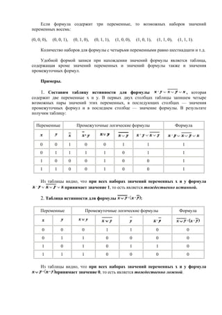 Если формула содержит три переменные, то возможных наборов значений
переменных восемь:
(0, 0, 0), (0, 0, 1), (0, 1, 0), (0, 1, 1), (1, 0, 0), (1, 0, 1), (1, 1, 0), (1, 1, 1).
Количество наборов для формулы с четырьмя переменными равно шестнадцати и т.д.
Удобной формой записи при нахождении значений формулы является таблица,
содержащая кроме значений переменных и значений формулы также и значения
промежуточных формул.
Примеры.
1. Составим таблицу истинности для формулы , которая
содержит две переменные x и y. В первых двух столбцах таблицы запишем четыре
возможных пары значений этих переменных, в последующих столбцах — значения
промежуточных формул и в последнем столбце — значение формулы. В результате
получим таблицу:
Переменные Промежуточные логические формулы Формула
0 0 1 0 0 1 1 1
0 1 1 1 1 0 1 1
1 0 0 0 1 0 0 1
1 1 0 0 1 0 0 1
Из таблицы видно, что при всех наборах значений переменных x и y формула
принимает значение 1, то есть является тождественно истинной.
2. Таблица истинности для формулы :
Переменные Промежуточные логические формулы Формула
0 0 0 1 1 0 0
0 1 1 0 0 0 0
1 0 1 0 1 1 0
1 1 1 0 0 0 0
Из таблицы видно, что при всех наборах значений переменных x и y формула
принимает значение 0, то есть является тождественно ложной.
 