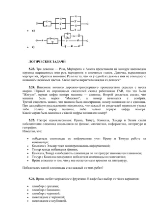 • в)
• г)
ЛОГИЧЕСКИЕ ЗАДАЧИ
5.23. Три девочки — Роза, Маргарита и Анюта представили на конкурс цветоводов
корзины выращенных ими роз, маргариток и анютиных глазок. Девочка, вырастившая
маргаритки, обратила внимание Розы на то, что ни у одной из девочек имя не совпадает с
названием любимых цветов. Какие цветы вырастила каждая из девочек?
5.24. Виновник ночного дорожно-транспортного происшествия скрылся с места
аварии. Первый из опрошенных свидетелей сказал работникам ГАИ, что это были
"Жигули", первая цифра номера машины — единица. Второй свидетель сказал, что
машина была марки "Москвич", а номер начинался с семёрки.
Третий свидетель заявил, что машина была иностранная, номер начинался не с единицы.
При дальнейшем расследовании выяснилось, что каждый из свидетелей правильно указал
либо только марку машины, либо только первую цифру номера.
Какой марки была машина и с какой цифры начинался номер?
5.25. Пятеро одноклассников: Ирена, Тимур, Камилла, Эльдар и Залим стали
победителями олимпиад школьников по физике, математике, информатике, литературе и
географии.
Известно, что:
• победитель олимпиады по информатике учит Ирену и Тимура работе на
компьютере;
• Камилла и Эльдар тоже заинтересовались информатикой;
• Тимур всегда побаивался физики;
• Камилла, Тимур и победитель олимпиады по литературе занимаются плаванием;
• Тимур и Камилла поздравили победителя олимпиады по математике;
• Ирена cожалеет о том, что у нее остается мало времени на литературу.
Победителем какой олимпиады стал каждый из этих ребят?
5.26. Ирена любит мороженое с фруктами. В кафе был выбор из таких вариантов:
• пломбир с орехами;
• пломбир с бананами;
• пломбир с черникой;
• шоколадное с черникой;
• шоколадное с клубникой.
 