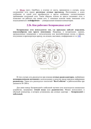 • Шлюз (англ. GateWay), в отличие от моста, применяется в случаях, когда
соединяемые сети имеют различные сетевые протоколы. Поступившее в шлюз
сообщение от одной сети преобразуется в другое сообщение, соответствующее
требованиям следующей сети. Таким образом, шлюзы не просто соединяют сети, а
позволяют им работать как единая сеть. C помощью шлюзов также локальные сети
подсоединяются к мэйнфреймам — универсальным мощным компьютерам.
2.26. Как работают беспроводные сети?
Беспроводные сети используются там, где прокладка кабелей затруднена,
нецелесообразна или просто невозможна. Например, в исторических зданиях,
промышленных помещениях с металлическим или железобетонным полом, в офисах,
полученных в краткосрочную аренду, на складах, выставках, конференциях и т.п. [48]
Топология "Все-Со-Всеми"
В этих случаях сеть реализуется при помощи сетевых радио-адаптеров, снабжённых
всенаправленными антеннами и использующих в качестве среды передачи информации
радиоволны. Такая сеть реализуется топологией “Все-Со-Всеми” и работоспособна при
дальности 50–200 м.
Для связи между беспроводной и кабельной частями сети используется специальное
устройство, называемое точкой входа (или радиомостом). Можно использовать и
обычный компьютер, в котором установлены два сетевых адаптера — беспроводной и
кабельный.
 