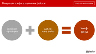 Генерация конфигурационных файлов
Значения
параметров
Шаблон
конф. файла
Конф.
файл
 
