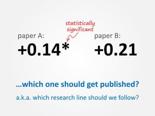 statistically
                  significant
paper A:                     paper B:

+0.14*                       +0.21
…whi...