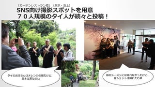 「ガーデンレストラン櫻」（東京・池上）
SNS向け撮影スポットを⽤用意
７０⼈人規模のタイ⼈人が続々と投稿！
タイのお坊さんはオレンジの服だけど、
⽇日本は⿊黒なのね
桜のシーズンには来れなかったけど、
桜ショットは撮れたわ♥
 