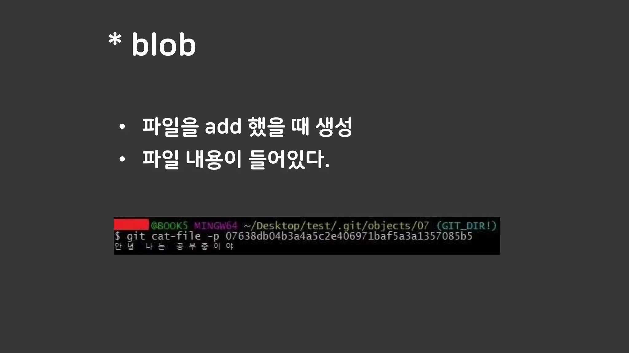 * blob
• 파일을 add 했을 때 생성
• 파일 내용이 들어있다.
 