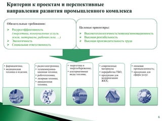 Критерии к проектам и перспективные
  направления развития промышленного комплекса

  Обязательные требования:
                                                      Целевые ориентиры:
   Ресурсоэффективность
    (энергетика, коммунальные услуги,                  Высокотехнологичность/новизна/инновационность
    земля, материалы, рабочая сила, …)                 Высокая рентабельность
   Экологичность                                      Высокая производительность труда
   Социальная ответственность




• фармацевтика;        • радиоэлектроника;   • энергетика и        • современные        • пищевая
• медицинская          • телекоммуника-        энергосбережение;     материалы            промышленность;
  техника и изделия;     ционная техника;    • альтернативные      • переработка ТБО;   • продукция для
                       • робототехника;        виды топлива;       • продукция для        сферы услуг.
                       • лазерная техника;                           модернизации
                       • авиационная                                 ЖКХ;
                         техника;
 