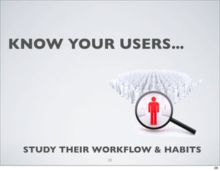 KNOW YOUR USERS...

STUDY THEIR WORKFLOW & HABITS
28
28

 
