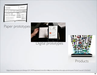 Paper prototypes

Digital prototypes

Products
http://www.wired.com/design/2013/09/appseed-transforms-your-sketches-into-app-prototypes/?mbid=social12565664
46
46

 