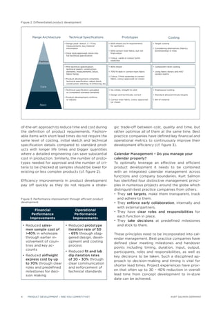Figure 2: Differentiated product development




                                  T

                                                                                     T




of-the-art approach to reduce time and cost during           gic trade-off between cost, quality and time, but
the deﬁnition of product requirements. Fashion-              rather optimise all of them at the same time. Best
able items with short lead times do not require the          practice companies have deﬁned key ﬁnancial and
same level of costing, initial sketch and technical          operational metrics to continuously improve their
speciﬁcation details compared to standard prod-              development efﬁciency (cf. ﬁgure 3).
ucts with longer life times and bigger quantities
where a detailed engineering can save substantial            Calendar Management – Do you manage your
cost in production. Similarly, the number of proto-          calendar properly?
types needed for approval and the number of cri-             To optimally leverage an effective and efﬁcient
teria to be checked at samples should be lower for           product development it needs to be combined
existing or less complex products (cf. ﬁgure 2).             with an integrated calendar management across
                                                             functions and company boundaries. Kurt Salmon
Efﬁciency improvements in product development                has identiﬁed four distinctive management princi-
pay off quickly as they do not require a strate-             ples in numerous projects around the globe which
                                                             distinguish best practice companies from others:
                                                                     set targets, make them transparent, track
Figure 3: Performance improvement through efﬁcient product     and adhere to them.
development                                                          enforce early collaboration, internally and
                                                               with external partners.
        Financial                      Operational
                                                                           clear roles and responsibilities for
       Performance                     Performance
                                                               each function in place.
      Improvements                    Improvements
                                                                      take decisions at predeﬁned milestones
              sales-                        prototype          and stick to them.
    men sample cost of            iteration rate of 50
    >40% in wholesale             - 65% through stag-        These principles need to be incorporated into cal-
    through earlier in-           gered design, devel-       endar management. Best practice companies have
    volvement of coun-            opment and costing         deﬁned clear meeting milestones and handover
    tries and key ac-             process
                                                             points including timing, duration, input, output,
    counts
                                            ﬁt and lab       participants, roles and responsibilities, as well as
             airfreight           dip iteration rates        key decisions to be taken. Such a disciplined ap-
    express cost by up            of 20 - 30% through        proach to decision-making and timing is vital for
    to 70% through clear          clear communication
                                                             shorter lead times. Project experiences have prov-
    roles and predeﬁned           and enforcement of
    milestones for deci-          technical standards        en that often up to 30 - 40% reduction in overall
    sion making                                              lead time from concept development to in-store
                                                             date can be achieved.




4    PRODUCT DEVELOPMENT – ARE YOU COMPETITIVE?                                                KURT SALMON GERMANY
 