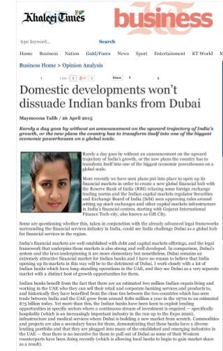 Khaleej Times - Domestic developments wont dissuade Indian Banks 26APR2015