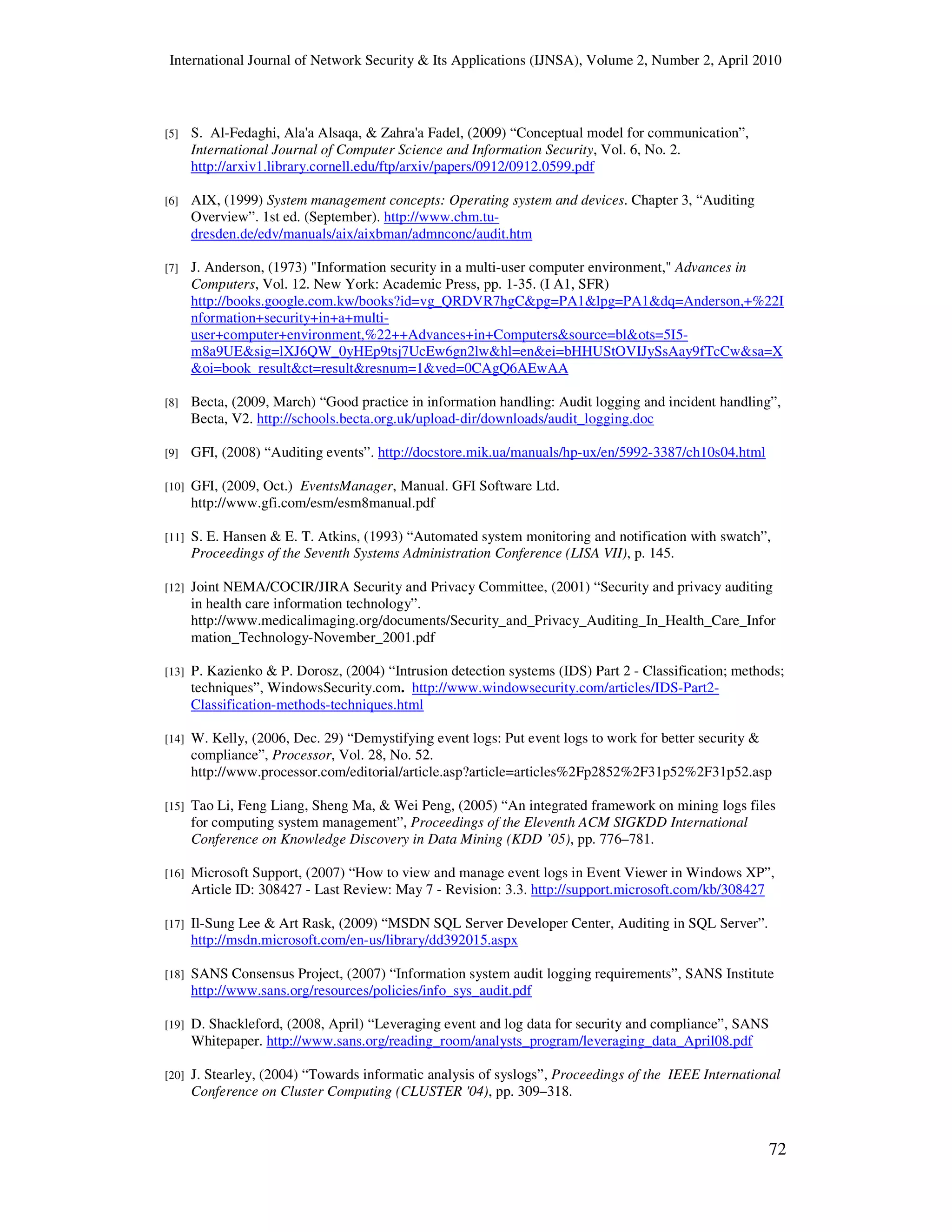 International Journal of Network Security & Its Applications (IJNSA), Volume 2, Number 2, April 2010
72
[5] S. Al-Fedaghi, Ala'a Alsaqa, & Zahra'a Fadel, (2009) “Conceptual model for communication”,
International Journal of Computer Science and Information Security, Vol. 6, No. 2.
http://arxiv1.library.cornell.edu/ftp/arxiv/papers/0912/0912.0599.pdf
[6] AIX, (1999) System management concepts: Operating system and devices. Chapter 3, “Auditing
Overview”. 1st ed. (September). http://www.chm.tu-
dresden.de/edv/manuals/aix/aixbman/admnconc/audit.htm
[7] J. Anderson, (1973) "Information security in a multi-user computer environment," Advances in
Computers, Vol. 12. New York: Academic Press, pp. 1-35. (I A1, SFR)
http://books.google.com.kw/books?id=vg_QRDVR7hgC&pg=PA1&lpg=PA1&dq=Anderson,+%22I
nformation+security+in+a+multi-
user+computer+environment,%22++Advances+in+Computers&source=bl&ots=5I5-
m8a9UE&sig=lXJ6QW_0yHEp9tsj7UcEw6gn2lw&hl=en&ei=bHHUStOVIJySsAay9fTcCw&sa=X
&oi=book_result&ct=result&resnum=1&ved=0CAgQ6AEwAA
[8] Becta, (2009, March) “Good practice in information handling: Audit logging and incident handling”,
Becta, V2. http://schools.becta.org.uk/upload-dir/downloads/audit_logging.doc
[9] GFI, (2008) “Auditing events”. http://docstore.mik.ua/manuals/hp-ux/en/5992-3387/ch10s04.html
[10] GFI, (2009, Oct.) EventsManager, Manual. GFI Software Ltd.
http://www.gfi.com/esm/esm8manual.pdf
[11] S. E. Hansen & E. T. Atkins, (1993) “Automated system monitoring and notification with swatch”,
Proceedings of the Seventh Systems Administration Conference (LISA VII), p. 145.
[12] Joint NEMA/COCIR/JIRA Security and Privacy Committee, (2001) “Security and privacy auditing
in health care information technology”.
http://www.medicalimaging.org/documents/Security_and_Privacy_Auditing_In_Health_Care_Infor
mation_Technology-November_2001.pdf
[13] P. Kazienko & P. Dorosz, (2004) “Intrusion detection systems (IDS) Part 2 - Classification; methods;
techniques”, WindowsSecurity.com. http://www.windowsecurity.com/articles/IDS-Part2-
Classification-methods-techniques.html
[14] W. Kelly, (2006, Dec. 29) “Demystifying event logs: Put event logs to work for better security &
compliance”, Processor, Vol. 28, No. 52.
http://www.processor.com/editorial/article.asp?article=articles%2Fp2852%2F31p52%2F31p52.asp
[15] Tao Li, Feng Liang, Sheng Ma, & Wei Peng, (2005) “An integrated framework on mining logs files
for computing system management”, Proceedings of the Eleventh ACM SIGKDD International
Conference on Knowledge Discovery in Data Mining (KDD ’05), pp. 776–781.
[16] Microsoft Support, (2007) “How to view and manage event logs in Event Viewer in Windows XP”,
Article ID: 308427 - Last Review: May 7 - Revision: 3.3. http://support.microsoft.com/kb/308427
[17] Il-Sung Lee & Art Rask, (2009) “MSDN SQL Server Developer Center, Auditing in SQL Server”.
http://msdn.microsoft.com/en-us/library/dd392015.aspx
[18] SANS Consensus Project, (2007) “Information system audit logging requirements”, SANS Institute
http://www.sans.org/resources/policies/info_sys_audit.pdf
[19] D. Shackleford, (2008, April) “Leveraging event and log data for security and compliance”, SANS
Whitepaper. http://www.sans.org/reading_room/analysts_program/leveraging_data_April08.pdf
[20] J. Stearley, (2004) “Towards informatic analysis of syslogs”, Proceedings of the IEEE International
Conference on Cluster Computing (CLUSTER '04), pp. 309–318.
 