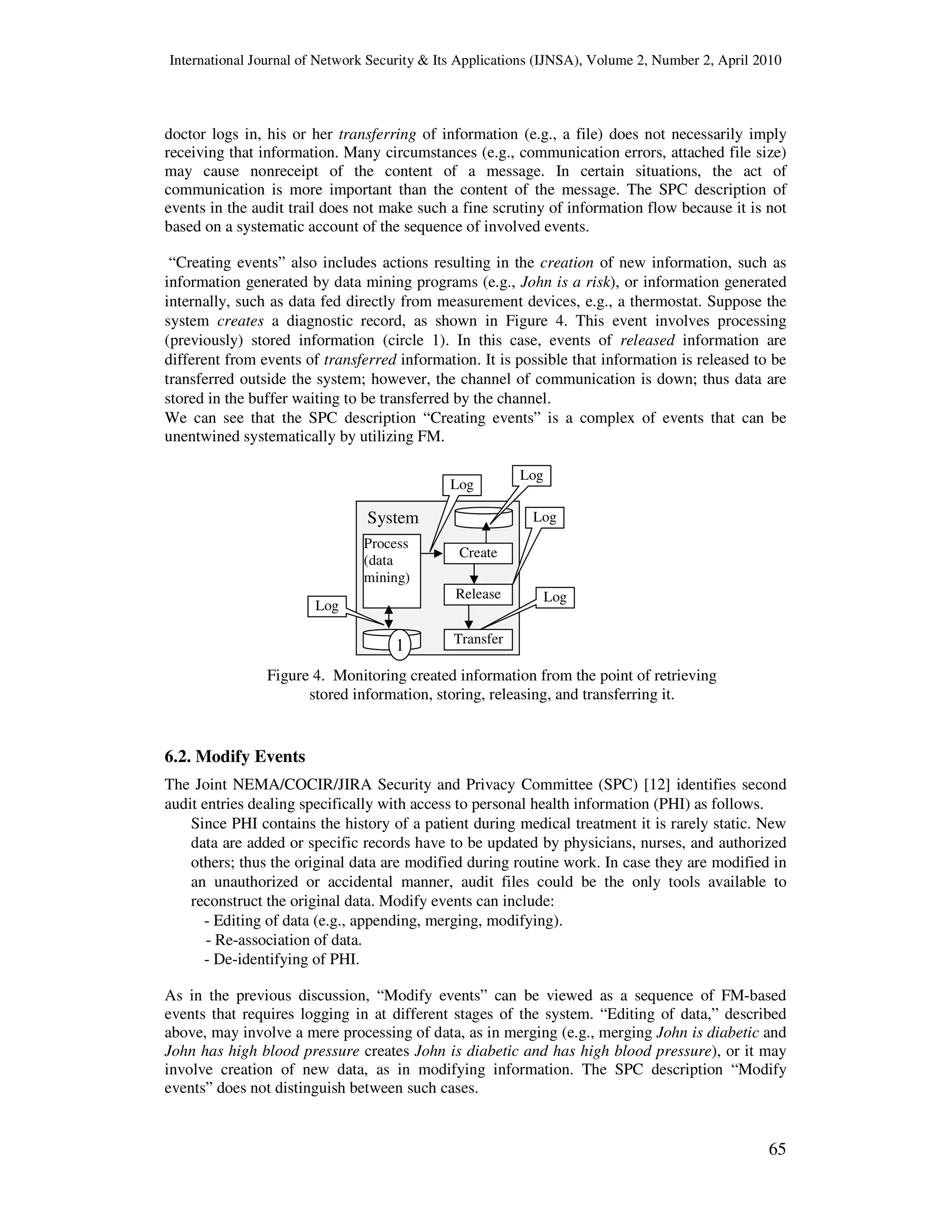 International Journal of Network Security & Its Applications (IJNSA), Volume 2, Number 2, April 2010
65
doctor logs in, his or her transferring of information (e.g., a file) does not necessarily imply
receiving that information. Many circumstances (e.g., communication errors, attached file size)
may cause nonreceipt of the content of a message. In certain situations, the act of
communication is more important than the content of the message. The SPC description of
events in the audit trail does not make such a fine scrutiny of information flow because it is not
based on a systematic account of the sequence of involved events.
“Creating events” also includes actions resulting in the creation of new information, such as
information generated by data mining programs (e.g., John is a risk), or information generated
internally, such as data fed directly from measurement devices, e.g., a thermostat. Suppose the
system creates a diagnostic record, as shown in Figure 4. This event involves processing
(previously) stored information (circle 1). In this case, events of released information are
different from events of transferred information. It is possible that information is released to be
transferred outside the system; however, the channel of communication is down; thus data are
stored in the buffer waiting to be transferred by the channel.
We can see that the SPC description “Creating events” is a complex of events that can be
unentwined systematically by utilizing FM.
6.2. Modify Events
The Joint NEMA/COCIR/JIRA Security and Privacy Committee (SPC) [12] identifies second
audit entries dealing specifically with access to personal health information (PHI) as follows.
Since PHI contains the history of a patient during medical treatment it is rarely static. New
data are added or specific records have to be updated by physicians, nurses, and authorized
others; thus the original data are modified during routine work. In case they are modified in
an unauthorized or accidental manner, audit files could be the only tools available to
reconstruct the original data. Modify events can include:
- Editing of data (e.g., appending, merging, modifying).
- Re-association of data.
- De-identifying of PHI.
As in the previous discussion, “Modify events” can be viewed as a sequence of FM-based
events that requires logging in at different stages of the system. “Editing of data,” described
above, may involve a mere processing of data, as in merging (e.g., merging John is diabetic and
John has high blood pressure creates John is diabetic and has high blood pressure), or it may
involve creation of new data, as in modifying information. The SPC description “Modify
events” does not distinguish between such cases.
Transfer
Figure 4. Monitoring created information from the point of retrieving
stored information, storing, releasing, and transferring it.
Release
System
Log
Create
Process
(data
mining)
Log
Log
Log
Log
1
 