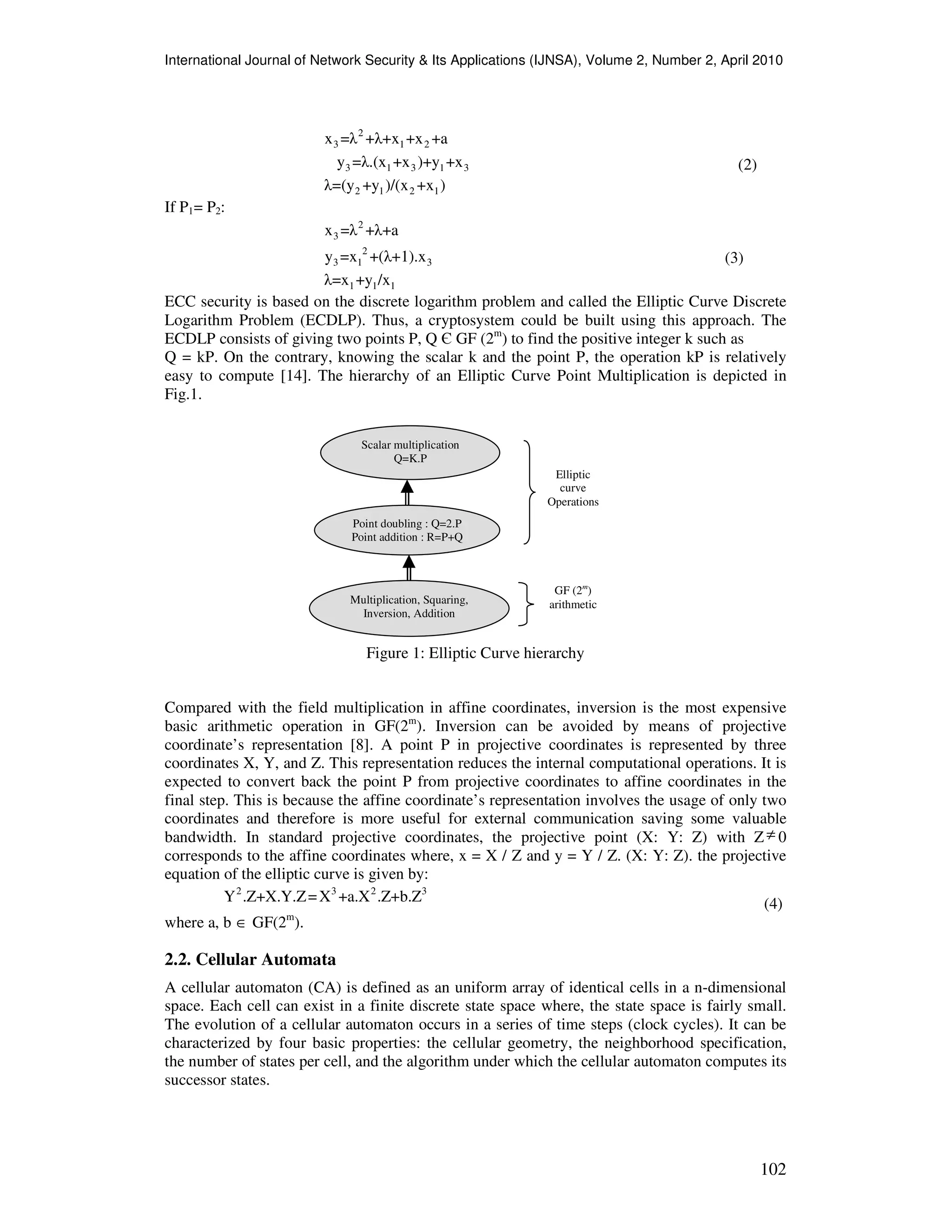 International Journal of Network Security & Its Applications (IJNSA), Volume 2, Number 2, April 2010
102
2
3 1 2x =λ +λ+x +x +a
3 1 3 1 3y =λ.(x +x )+y +x (2)
2 1 2 1λ=(y +y )/(x +x )
If P1= P2:
2
3x =λ +λ+a
2
3 1 3y =x +(λ+1).x (3)
1 1 1λ=x +y /x
ECC security is based on the discrete logarithm problem and called the Elliptic Curve Discrete
Logarithm Problem (ECDLP). Thus, a cryptosystem could be built using this approach. The
ECDLP consists of giving two points P, Q Є GF (2m
) to find the positive integer k such as
Q = kP. On the contrary, knowing the scalar k and the point P, the operation kP is relatively
easy to compute [14]. The hierarchy of an Elliptic Curve Point Multiplication is depicted in
Fig.1.
Figure 1: Elliptic Curve hierarchy
Compared with the field multiplication in affine coordinates, inversion is the most expensive
basic arithmetic operation in GF(2m
). Inversion can be avoided by means of projective
coordinate’s representation [8]. A point P in projective coordinates is represented by three
coordinates X, Y, and Z. This representation reduces the internal computational operations. It is
expected to convert back the point P from projective coordinates to affine coordinates in the
final step. This is because the affine coordinate’s representation involves the usage of only two
coordinates and therefore is more useful for external communication saving some valuable
bandwidth. In standard projective coordinates, the projective point (X: Y: Z) with Z ≠ 0
corresponds to the affine coordinates where, x = X / Z and y = Y / Z. (X: Y: Z). the projective
equation of the elliptic curve is given by:
2 3 2 3
Y .Z+X.Y.Z=X +a.X .Z+b.Z (4)
where a, b ∈ GF(2m
).
2.2. Cellular Automata
A cellular automaton (CA) is defined as an uniform array of identical cells in a n-dimensional
space. Each cell can exist in a finite discrete state space where, the state space is fairly small.
The evolution of a cellular automaton occurs in a series of time steps (clock cycles). It can be
characterized by four basic properties: the cellular geometry, the neighborhood specification,
the number of states per cell, and the algorithm under which the cellular automaton computes its
successor states.
Elliptic
curve
Operations
GF (2m
)
arithmetic
Scalar multiplication
Q=K.P
Point doubling : Q=2.P
Point addition : R=P+Q
Multiplication, Squaring,
Inversion, Addition
 