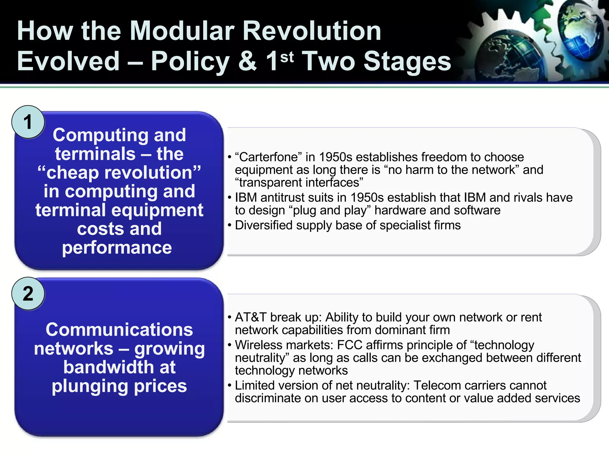 How the Modular Revolution  Evolved – Policy & 1 st  Two Stages “ Carterfone” in 1950s establishes freedom to choose equipment as long there is “no harm to the network” and “transparent interfaces” IBM antitrust suits in 1950s establish that IBM and rivals have to design “plug and play” hardware and software Diversified supply base of specialist firms  Computing and terminals – the “cheap revolution” in computing and terminal equipment costs and performance  AT&T break up: Ability to build your own network or rent network capabilities from dominant firm Wireless markets: FCC affirms principle of “technology neutrality” as long as calls can be exchanged between different technology networks  Limited version of net neutrality: Telecom carriers cannot discriminate on user access to content or value added services Communications networks – growing bandwidth at plunging prices 1 2 