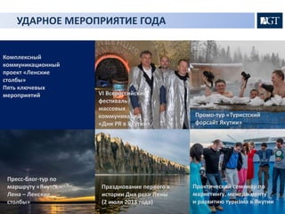 УДАРНОЕ МЕРОПРИЯТИЕ ГОДА 
Комплексный 
коммуникационный 
проект «Ленские 
столбы» 
Пять ключевых 
мероприятий 
Промо-тур «Туристский 
форсайт Якутии» 
VI Всероссийский 
фестиваль 
массовых 
коммуникаций 
«Дни PR в Якутии» 
Пресс-блог-тур по 
маршруту «Якутск – 
Лена – Ленские 
столбы» 
Практический семинар по 
маркетингу, менеджменту 
и развитию туризма в Якутии 
Празднование первого в 
истории Дня реки Лены 
(2 июля 2013 года) 
 