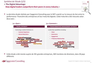 Copyright © 2014 Capgemini Consulting. All rights reserved.
Synthèse de l’étude (1/5)
« The Digital Advantage:
How digital leaders outperform their peers in every industry »
 La dernière étude réalisée par Capgemini Consulting avec le MIT a porté sur la mesure du lien entre la
performance financière des entreprises et leur maturité digitale. Cette maturité a été mesurée selon
deux axes :
 Cette étude a été menée auprès de 391 grandes entreprises, 469 membres de directions, dans 30 pays
différents
Le « Quoi » Le « Comment »
1. Digital Intensity 2. Transformation Management Intensity
Technology-enabled initiatives in:
• Customer Experience
• Internal Operations
Leadership capabilities including:
• Vision
• Governance
• Engagement
• IT-Business Relationships
1. DIGITAL INTENSITY 2. TRANSFORMATION MANAGEMENT INTENSITY
14
 