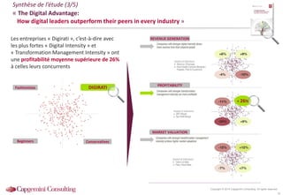 Copyright © 2014 Capgemini Consulting. All rights reserved.
Synthèse de l’étude (3/5)
« The Digital Advantage:
How digital leaders outperform their peers in every industry »
Les entreprises « Digirati », c’est-à-dire avec
les plus fortes « Digital Intensity » et
« Transformation Management Intensity » ont
une profitabilité moyenne supérieure de 26%
à celles leurs concurrents
DIGIRATI
Conservatives
Fashionistas
Beginners
DIGIRATI
REVENUE GENERATION
PROFITABILITY
MARKET VALUATION
+ 26%
16
 